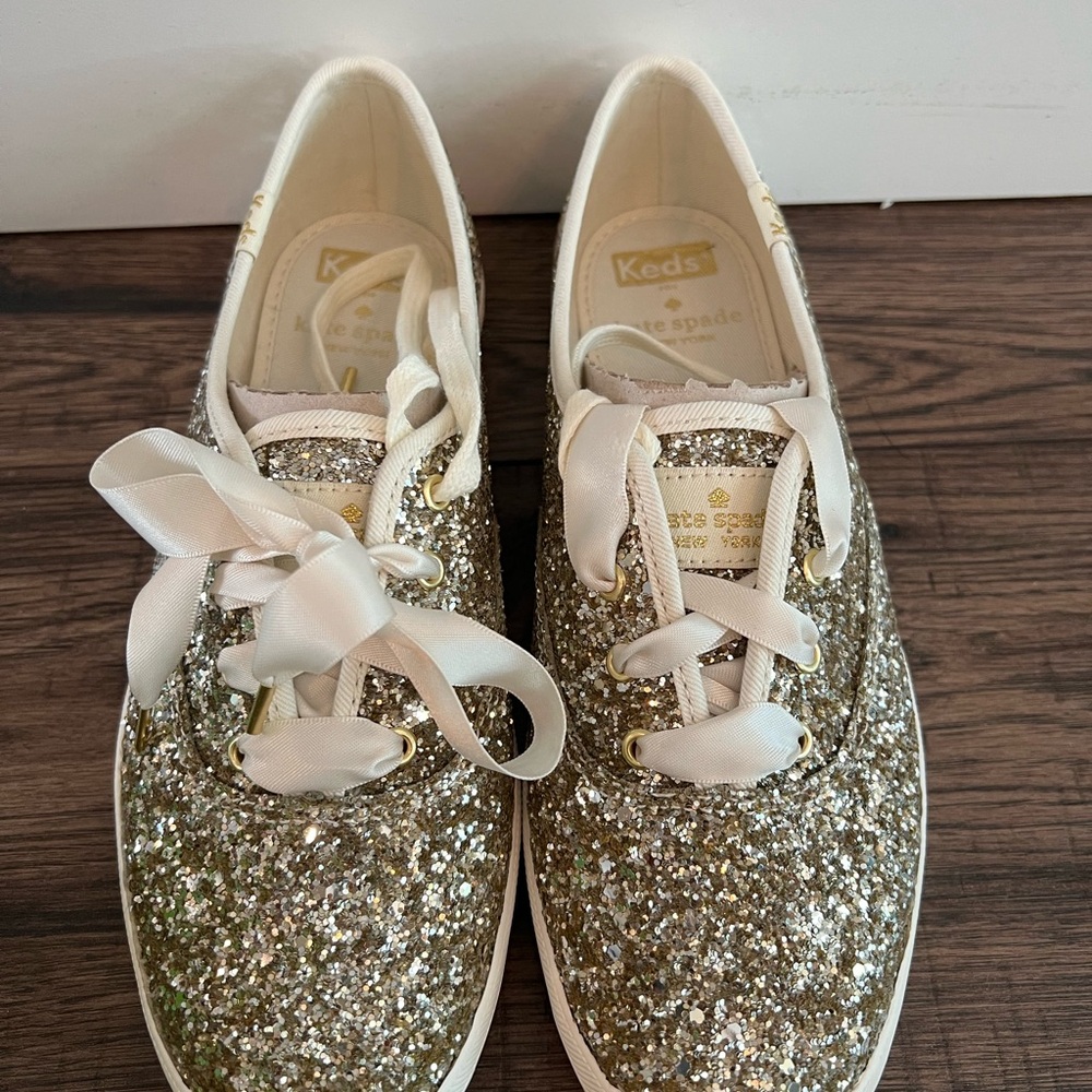kate spade Gold Glitter Low-Top Sneakers with Ribbon Laces
